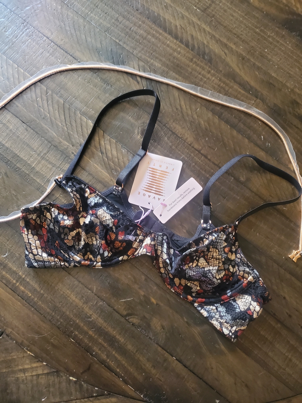 Savage X Fenty Black Lace Underwire Bra with Multicolor Floral Detail